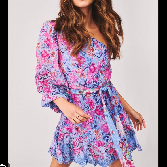 NWT HEMANT & NANDITA mila one shoulder ruffle dress in stone blue size large - Picture 4 of 16